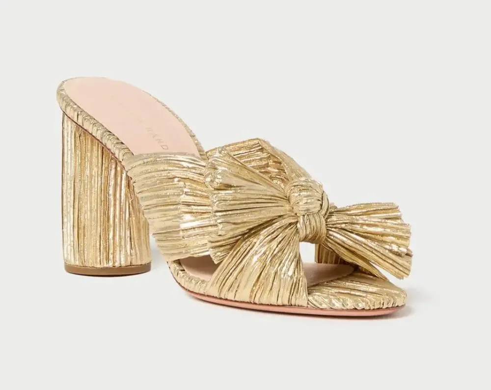 Loeffler Randall Penny Gold Pleated Bow Heel Size 6 NIB Glam Dressy Knotted Top